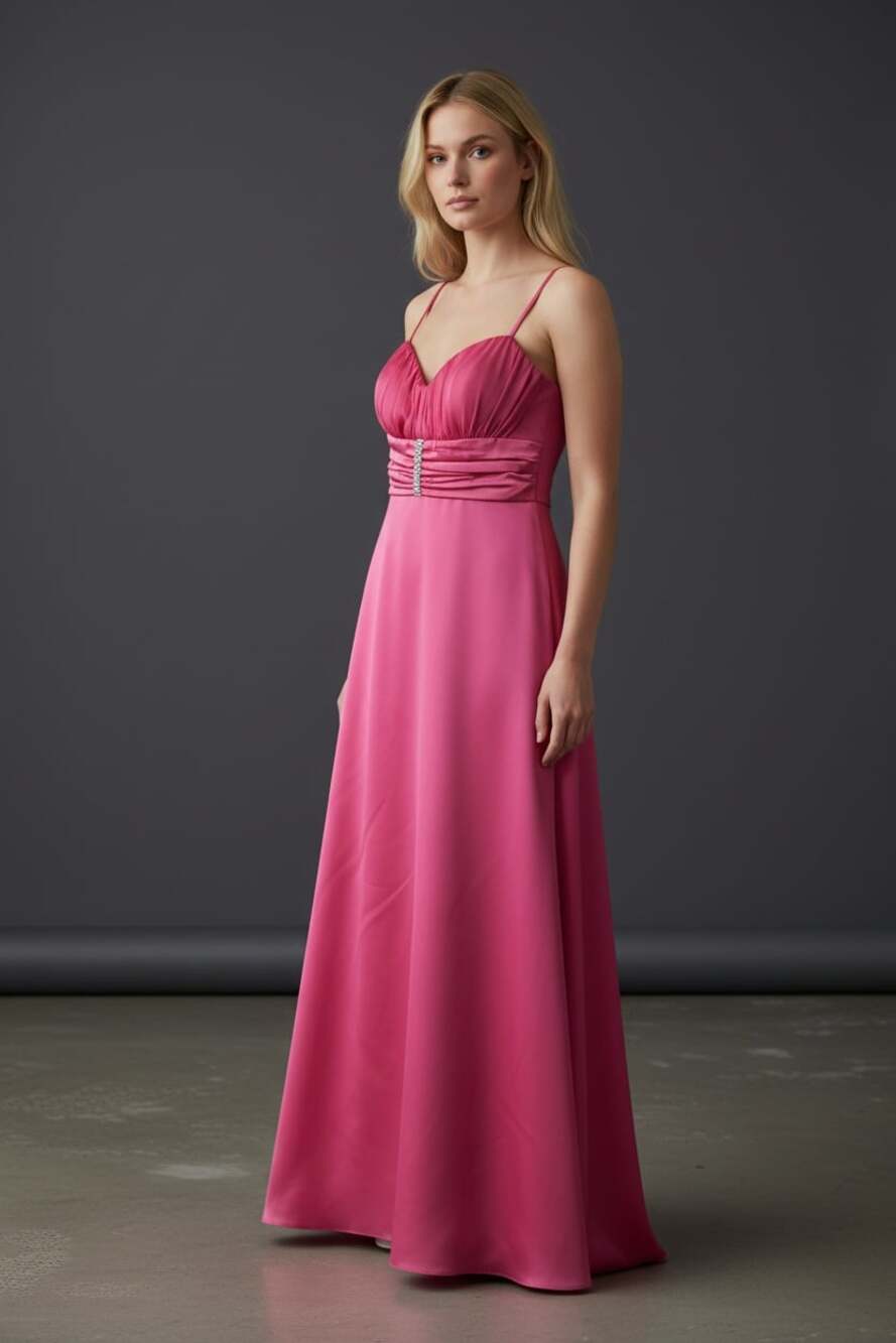 Size 3/4 Jump Apparel Fuchsia Pink Ruched Beaded Formal Gown Dress